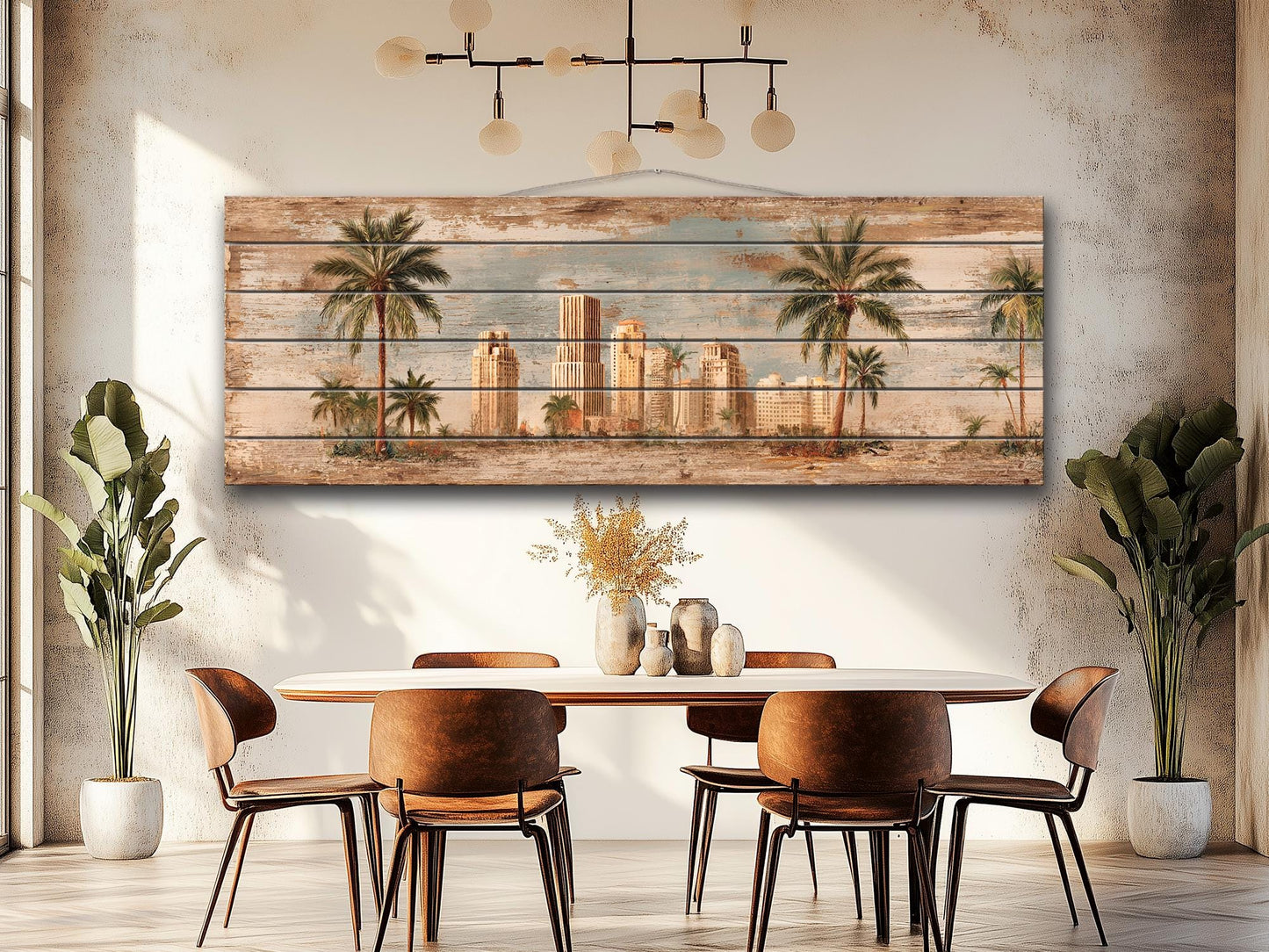 Miami Skyline Wood Print – Vintage Art Deco Cityscape on Rustic Wood Panels
