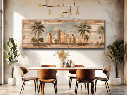 Miami Skyline Wood Print – Vintage Art Deco Cityscape on Rustic Wood Panels