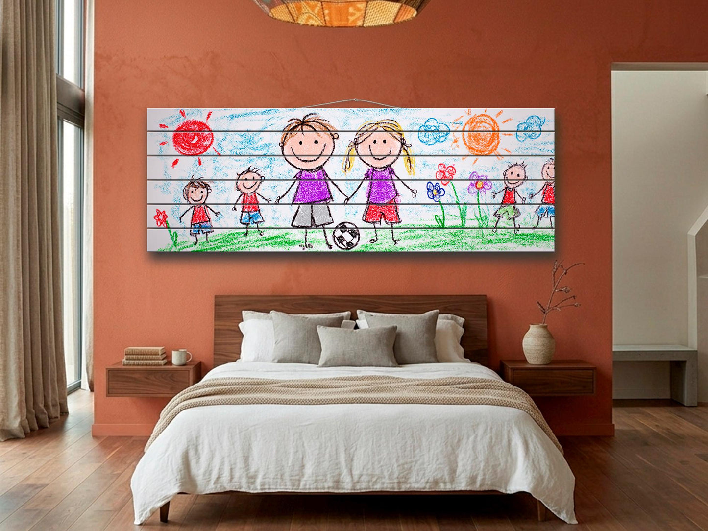 Family Crayon Art Print on Wood, Cute Kids Drawing, Rustic Nursery Wall Decor