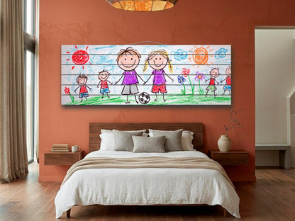 Family Crayon Art Print on Wood, Cute Kids Drawing, Rustic Nursery Wall Decor