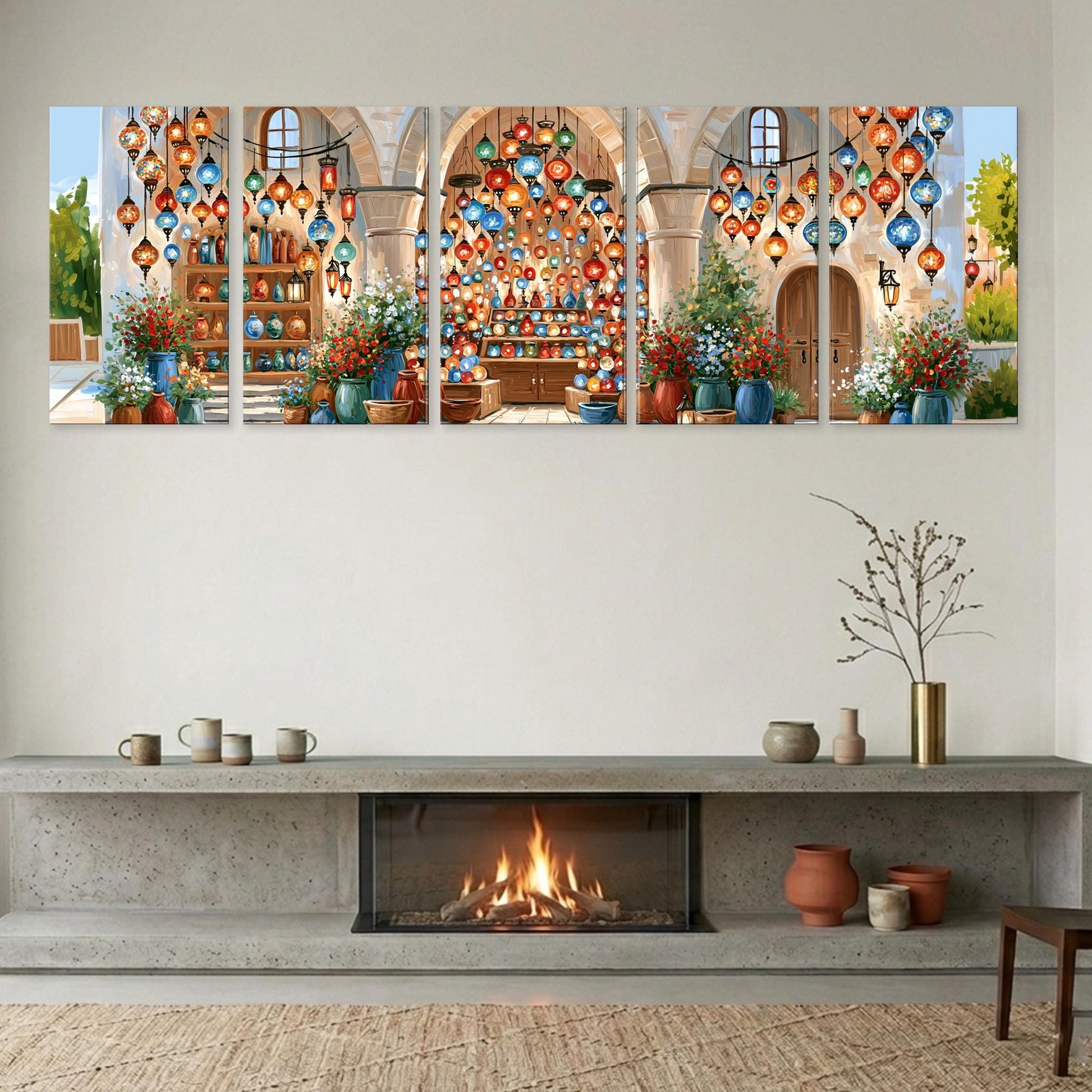 The image is a large, multi-panel collage depicting a cozy, festive atmosphere with a fireplace, colorful lanterns, and various decorative elements.