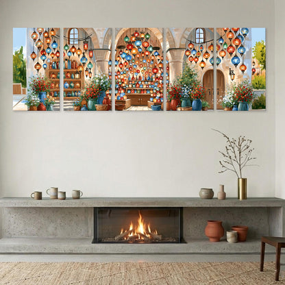 The image is a large, multi-panel collage depicting a cozy, festive atmosphere with a fireplace, colorful lanterns, and various decorative elements.