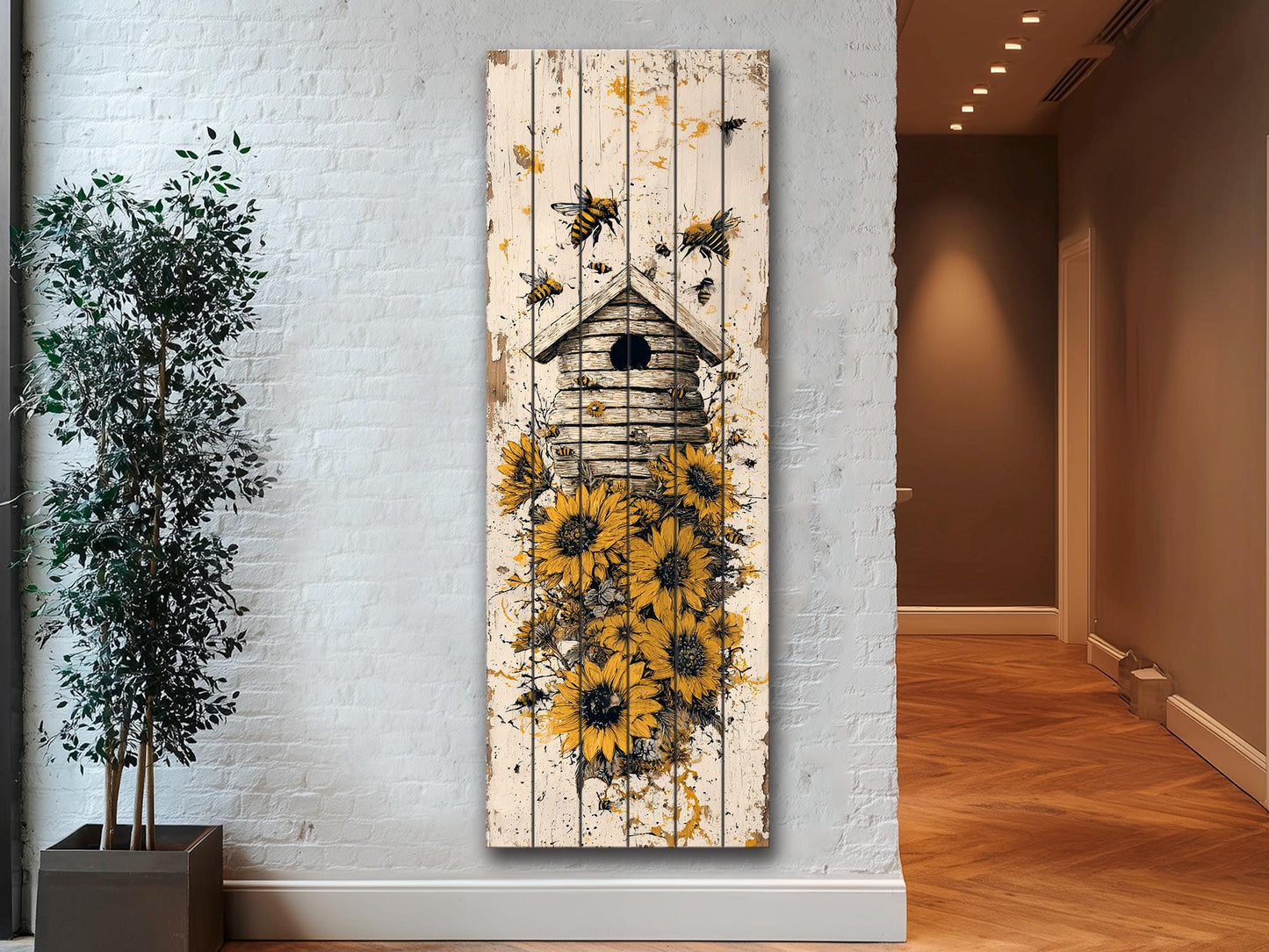 Rustic Wood Wall Art – Beehive Wood Print with Sunflower Floral Decor – Farmhouse Style