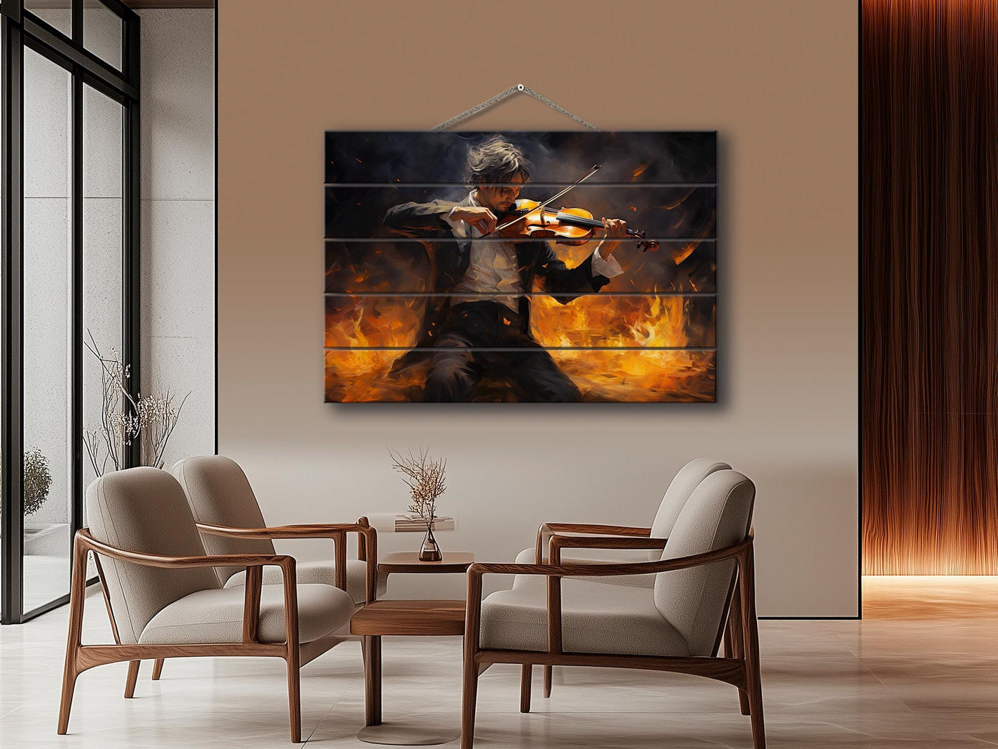 Violin Wall Art – Abstract Violinist Painting on Natural Wood Plank Art