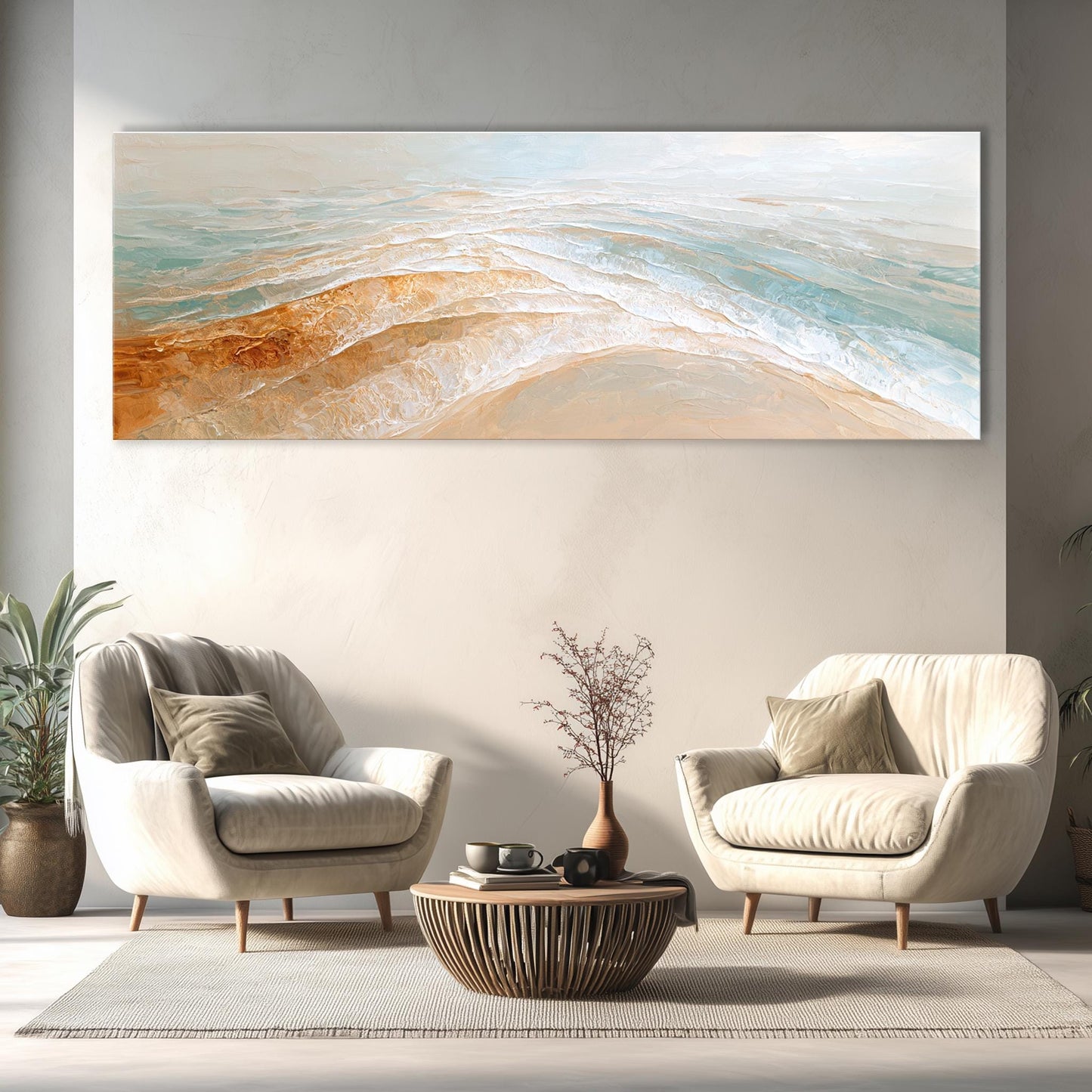 a modern living room with a large abstract painting hanging on the wall above two white armchairs and a coffee table.
