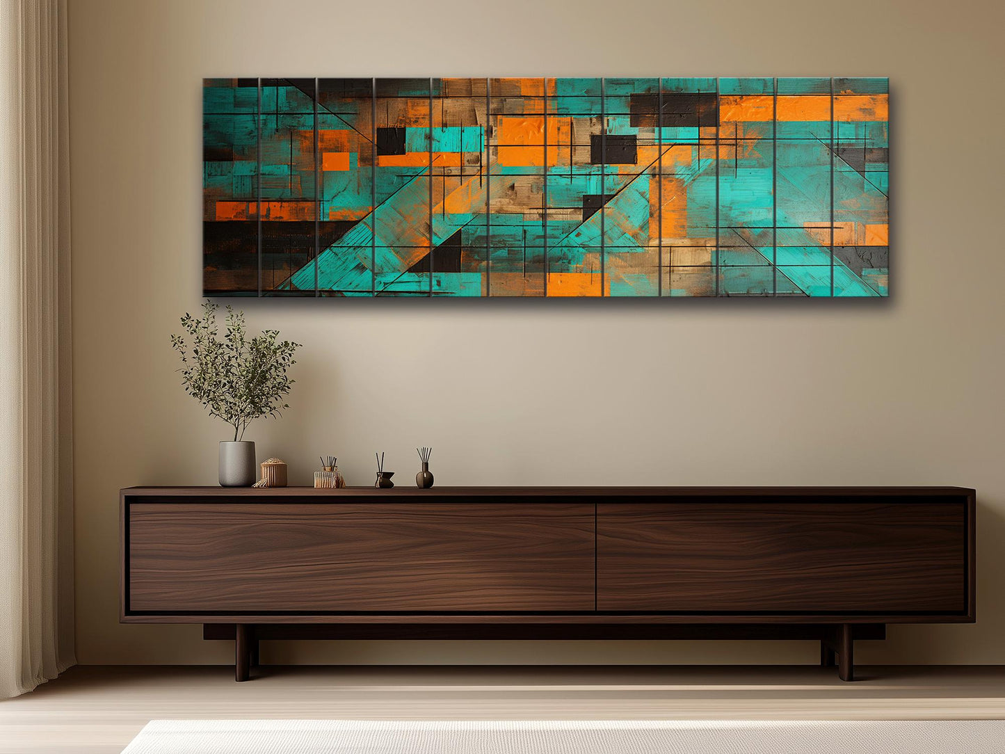 Abstract Geometric Print on Natural Wood, Contemporary Home Decor, Framed & Ready to Hang