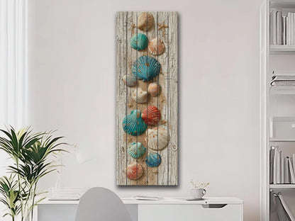 Rustic Wood Wall Art – Coastal Seashell Print on Natural Wood Planks