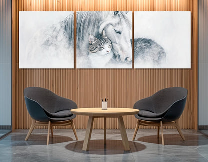Horses And Cat Canvas - Framed Cotton Canvas Print | Minimalist Wall Art Decor