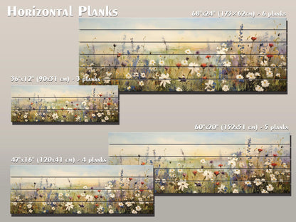 Whimsical Field of Wild Flowers Printed On Natural Wood - Rustic Wall Art