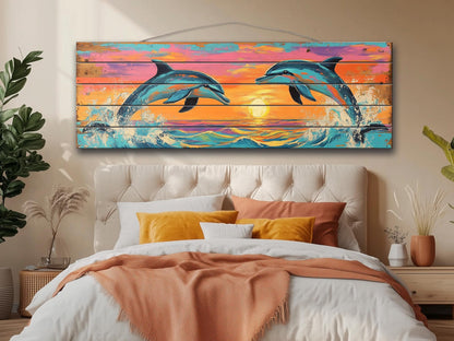 Playful Dolphins Jumping at Sunset Print on Natural Wood, Dolphins Wall Art, Wood Wall Art, Dolphins Painting, Romantic Bedroom Wall Decor