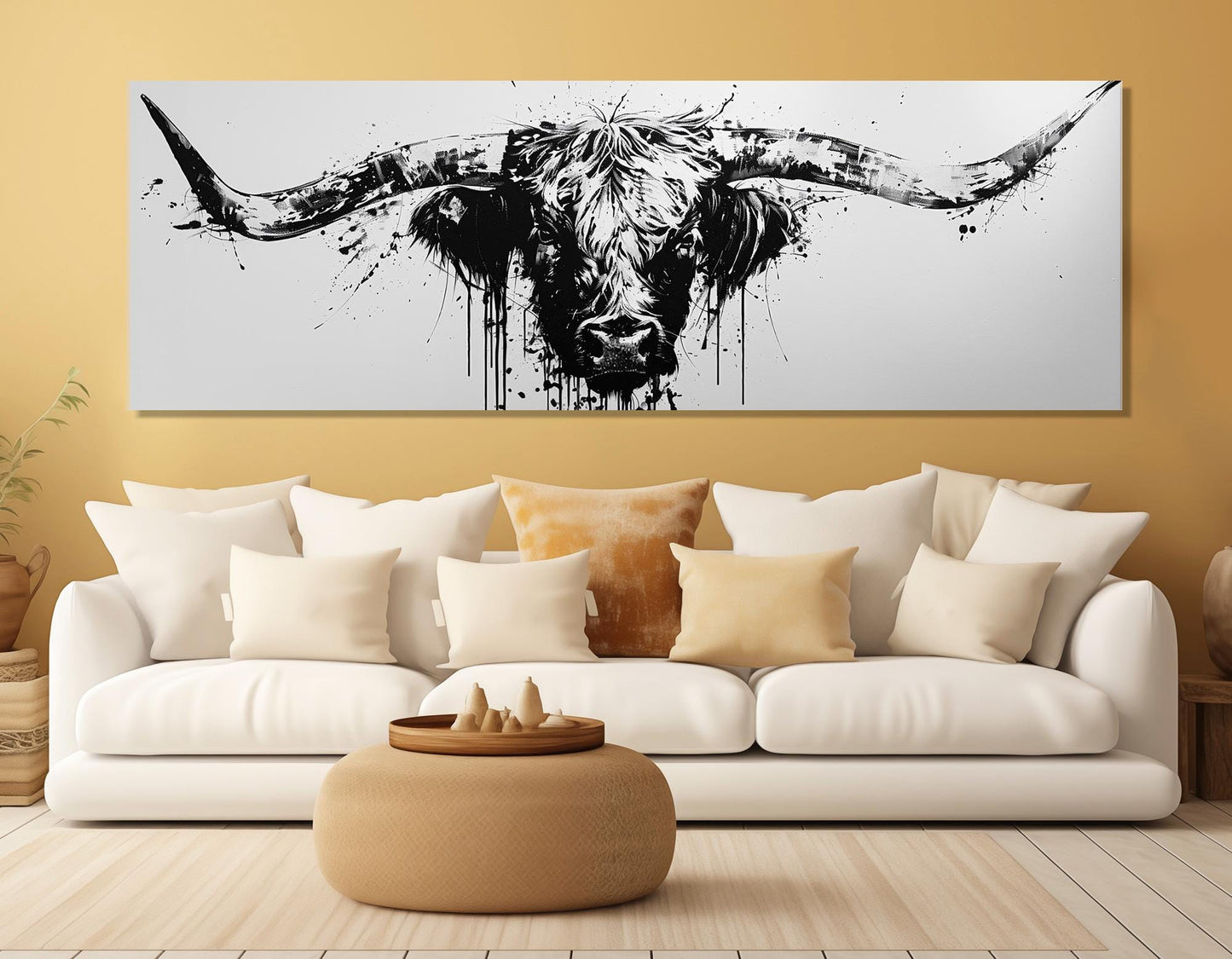 Longhorn Canvas Print - Framed Rustic Bull Decor with Black and White Art