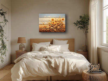 Rustic Print on Wood Wall Art – Sunflower Wall Decor on Smooth Linden Wood Planks