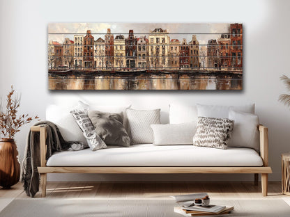 Amsterdam Canal Houses Print – Rustic Wood Art Beige Wall Decor on Distressed Wood