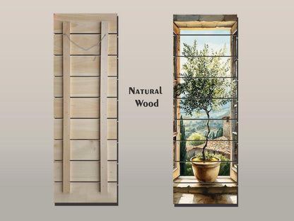 Window with Olive Tree Print on Wood, Tuscan Wall Art, Italian Watercolor Decor