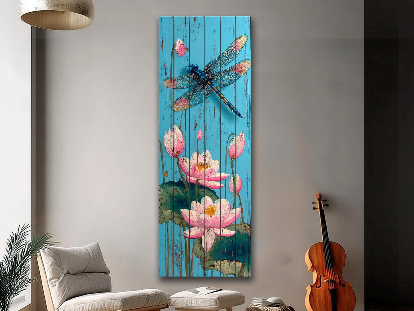 Rustic Wood Wall Art – Dragonfly Wall Print with Water Lily Artwork | Farmhouse Pond Decor