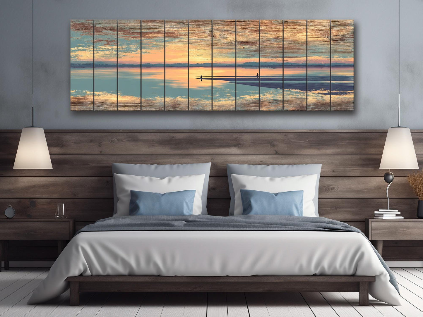 Sunrise Beach Yoga Print – Wooden Yoga Wall Art With Coastal Meditation Scene