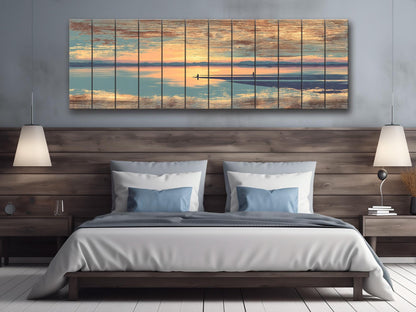 Sunrise Beach Yoga Print – Wooden Yoga Wall Art With Coastal Meditation Scene