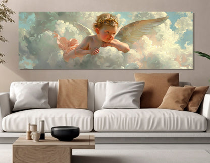 Cupid on Cloud Canvas Print, William Bouguereau Style Painting, Romantic Wall Art, Cupid Canvas Print, Framed and Ready to Hang