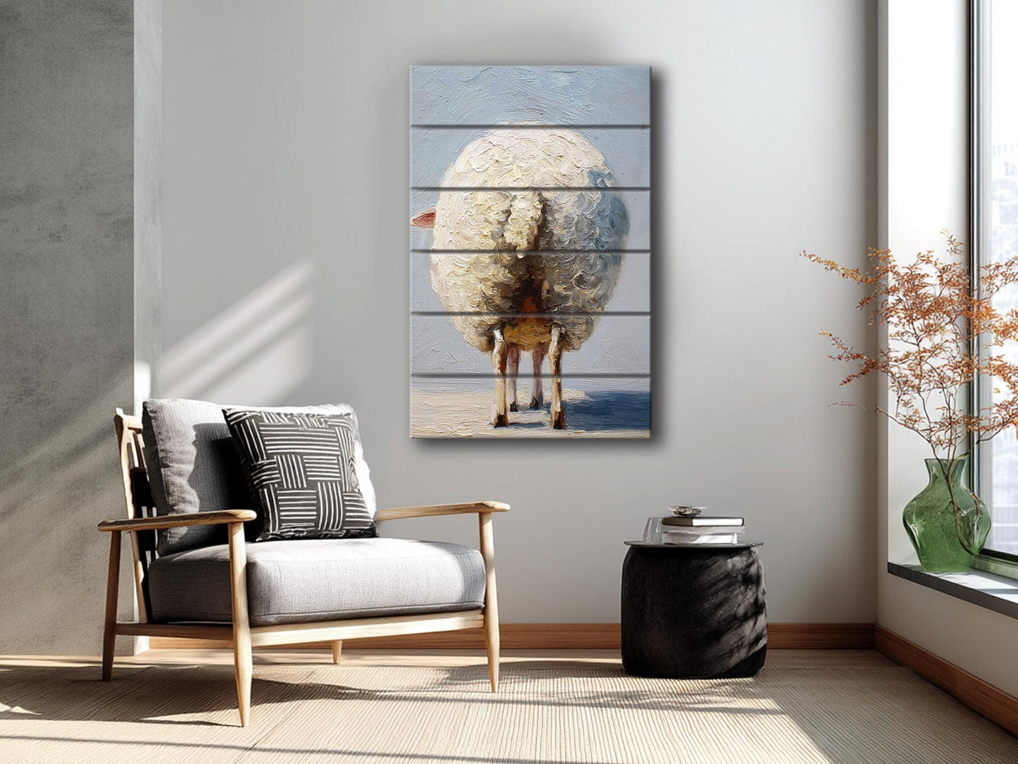 Funny Farmhouse Wall Art – Sheep Butt Print on Natural Wood Panel Decor