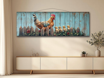 Rustic Wood Wall Art - Hen with Chicks Print on Natural Wood, Farmhouse Painting, Chicken Farm Decor, Chicken Coop Farmhouse Wall Decor