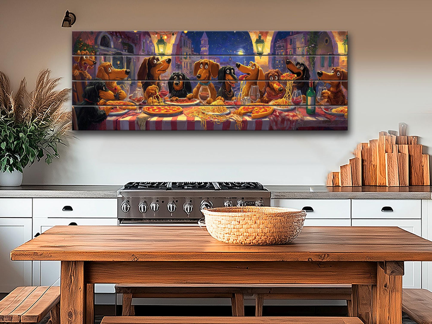 Dachshund Pizza Art – Rustic Wood Wall Art With Playful Dog Party Painting