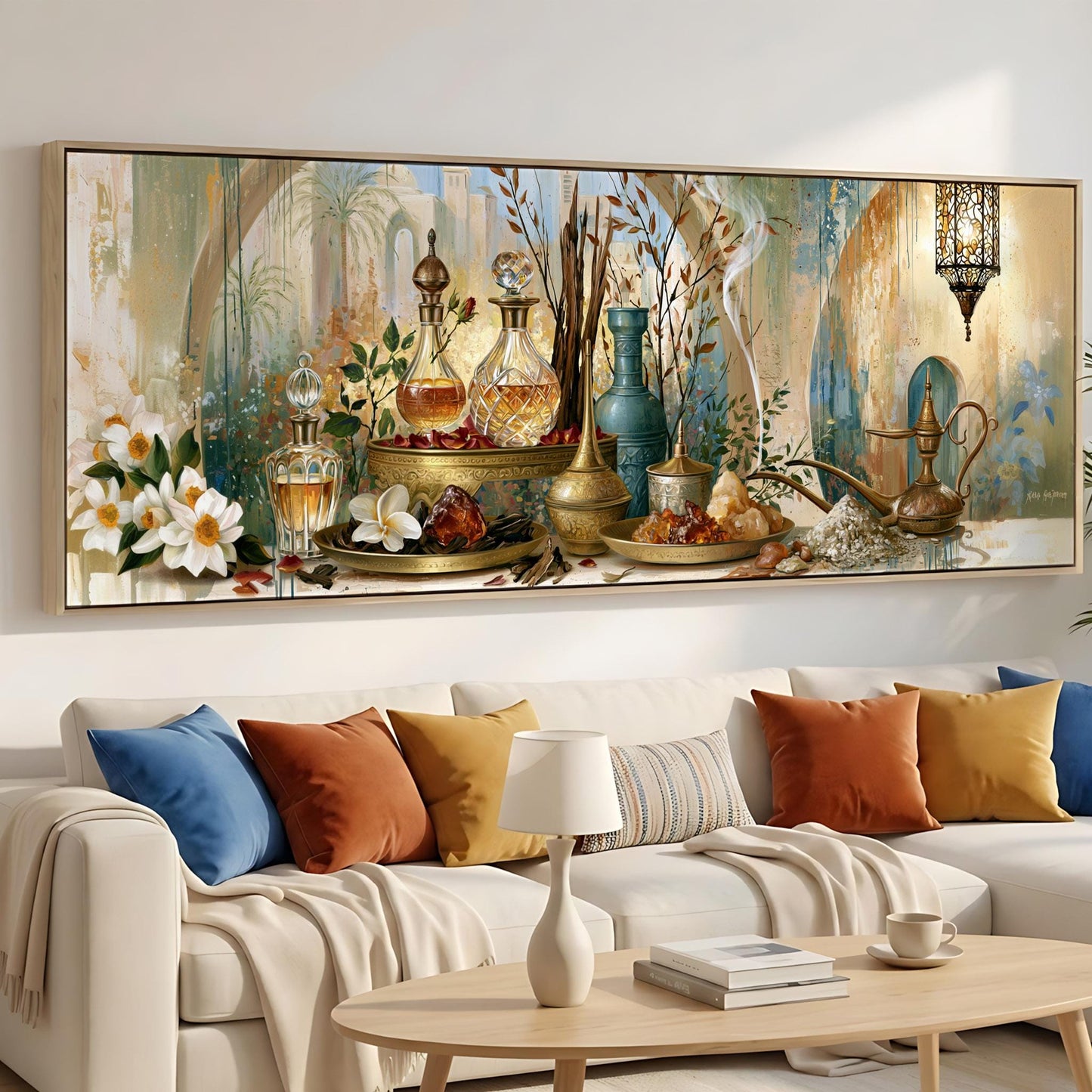 a cozy living room with a large painting of various decorative items, including vases, bottles, and flowers, hanging on the wall above a white sofa adorned with colorful throw pillows.