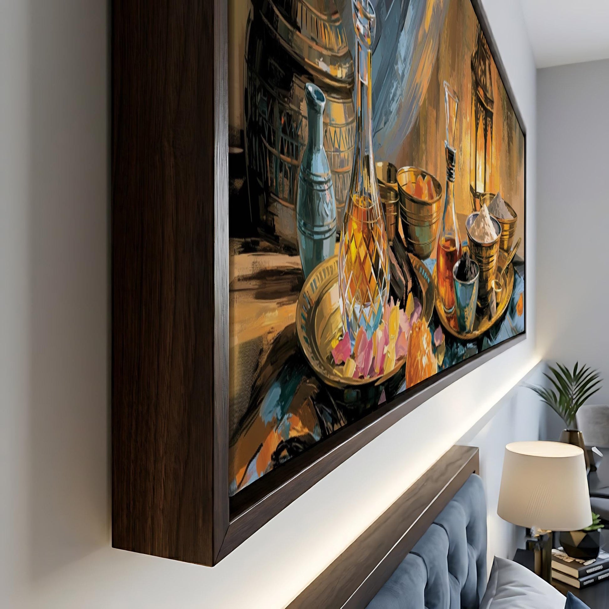 a large painting of various objects, including bottles, bowls, and vases, displayed on a wall.