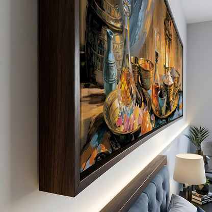 a large painting of various objects, including bottles, bowls, and vases, displayed on a wall.