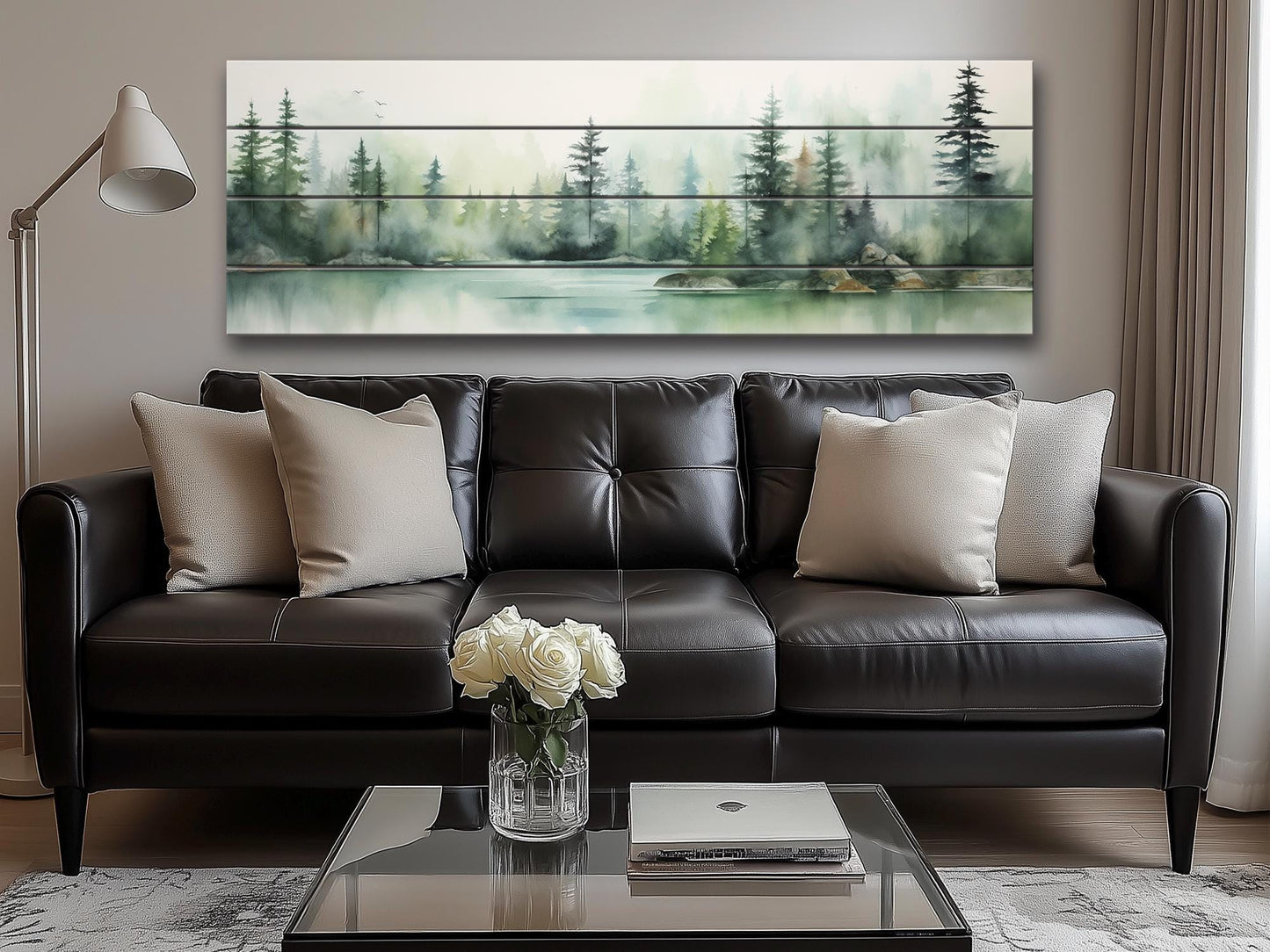 Lake And  Forest in Soft Watercolor Print On Natural Wood