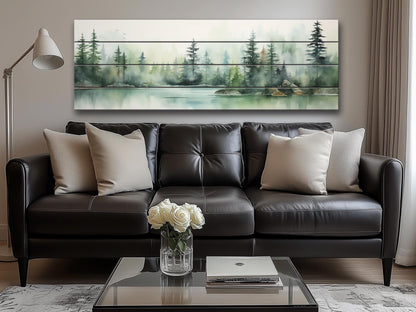 Lake And  Forest in Soft Watercolor Print On Natural Wood