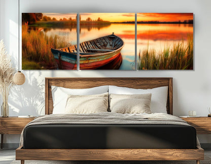 Wooden Boat Canvas Print – Scenic Sunset Lake Painting | Framed & Ready to Hang