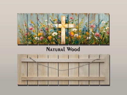 Christian Wood Wall Art – Rustic Cross Painting | Handcrafted Wildflower Wood Plank Artwork