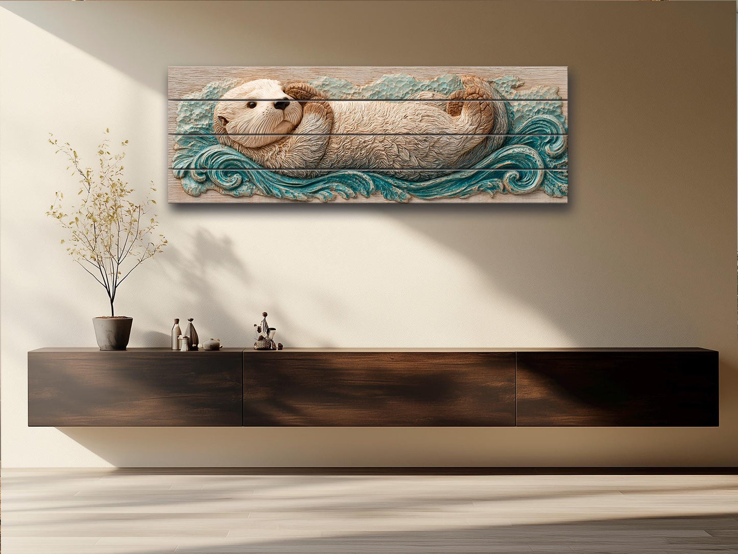 Sea Otter Print on Wood – Coastal Rustic Decor | Beige Blue Wall Art