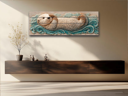 Sea Otter Print on Wood – Coastal Rustic Decor | Beige Blue Wall Art