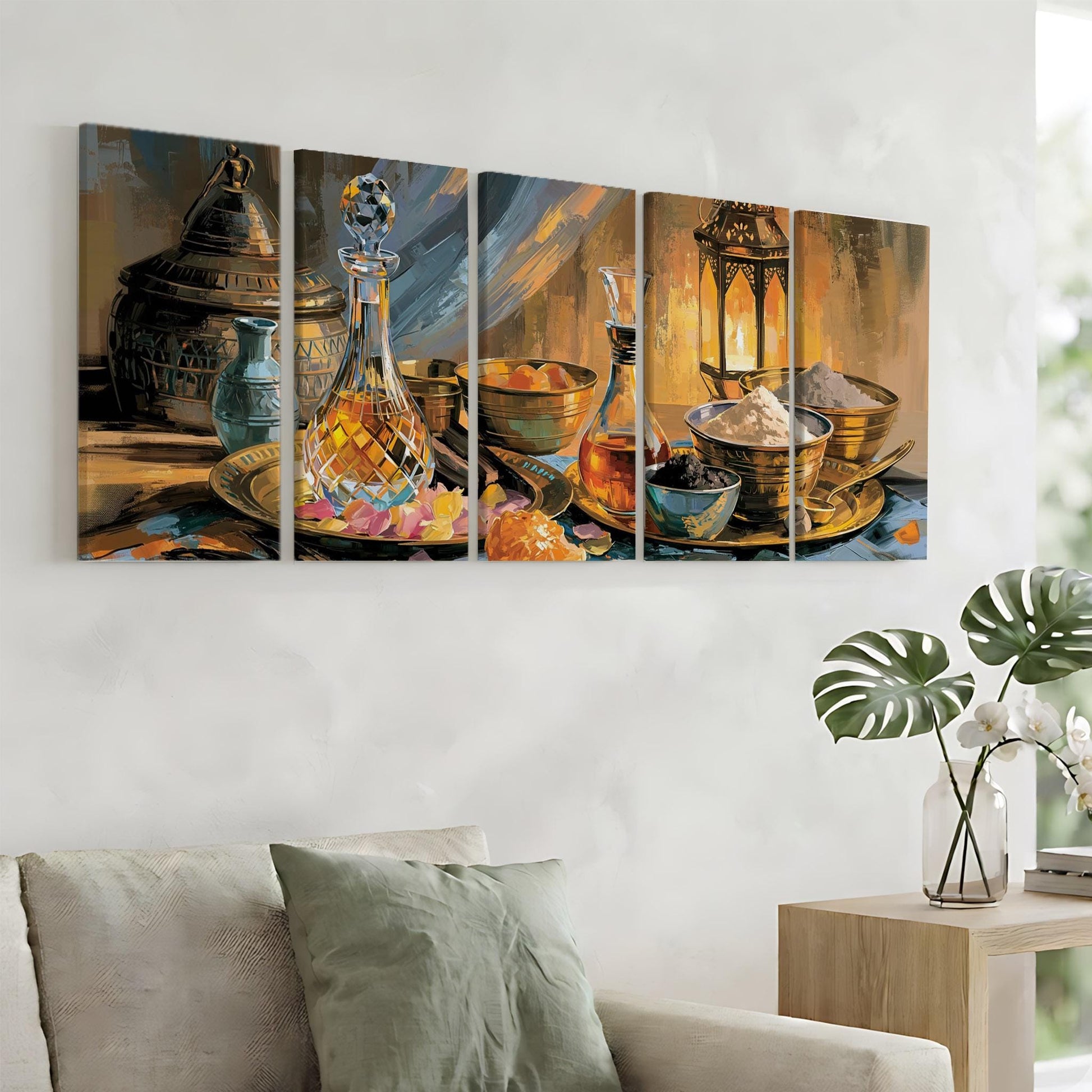 The image is a collage of four paintings depicting various objects, including a crystal decanter, bowls, a vase, and a plant, arranged on a table.