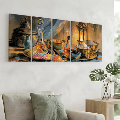 The image is a collage of four paintings depicting various objects, including a crystal decanter, bowls, a vase, and a plant, arranged on a table.