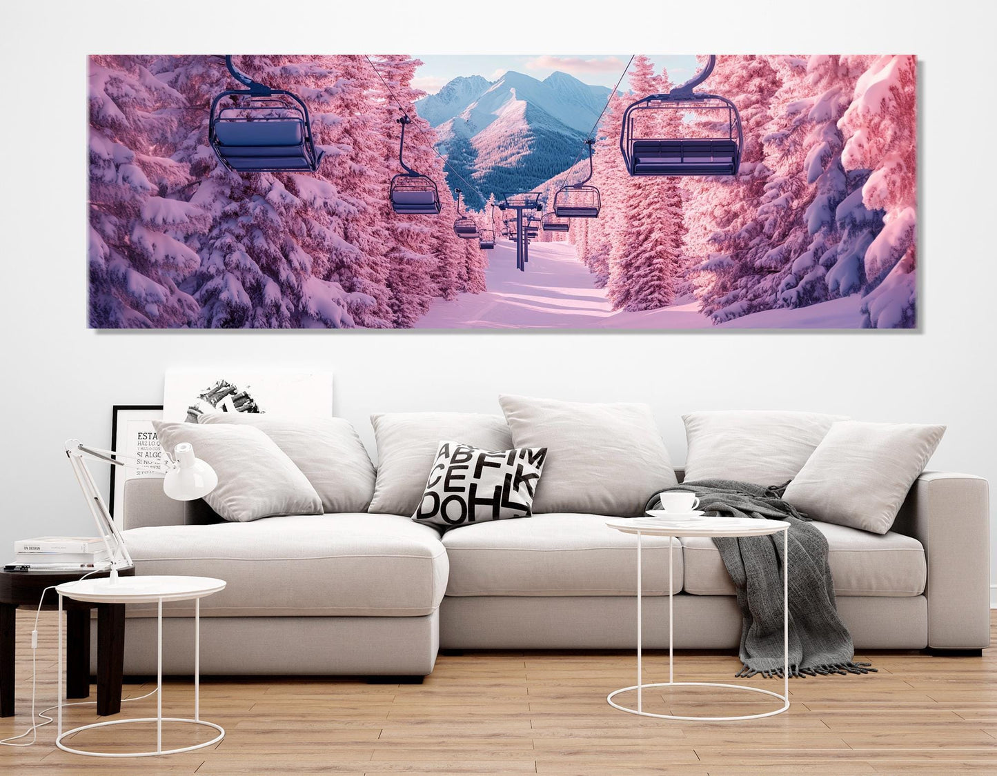 Pink Winter Forest Canvas - Surreal Ski Lift Wall Art | Ready to Hang Framed Print