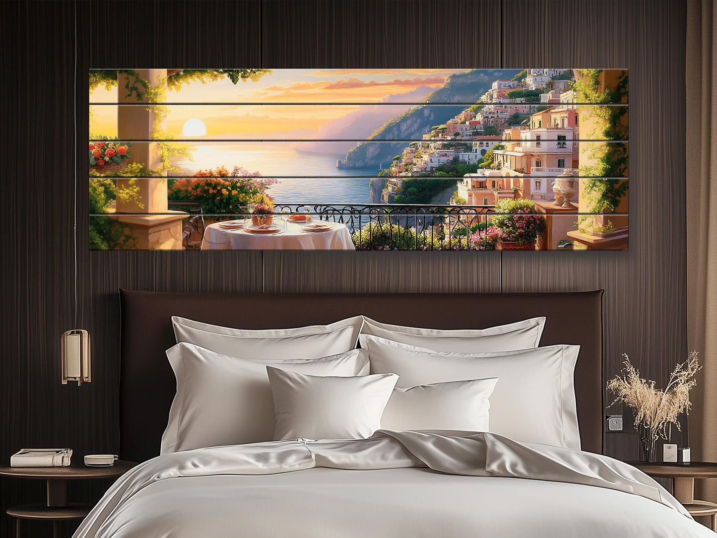 Amalfi Coast Wall Art – Panoramic Italian Landscape Wood Print on Wood with Rustic Texture
