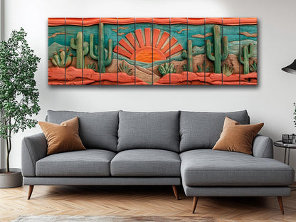 Arizona Desert Wood Print with Cactus and Sun, Rustic Vintage Southwest Wall Art