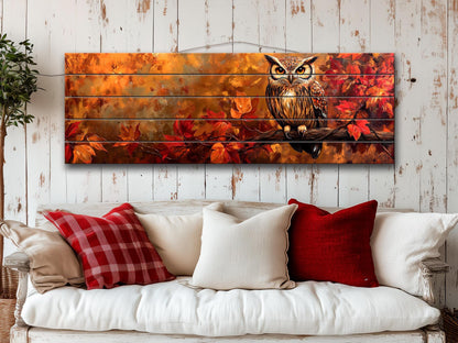 Rustic Wood Wall Art – Autumn Owl Painting on Linden Planks with Vibrant Fall Leaves