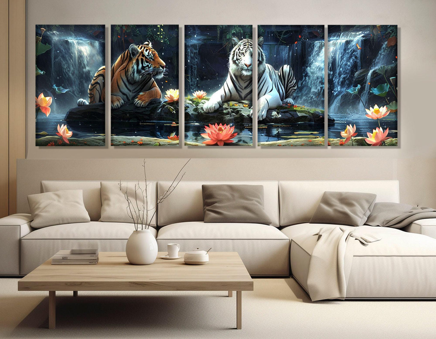 Tigers Wall Art – Scenic Tiger Painting on Cotton Canvas | Large Framed Poster