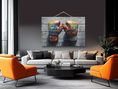 Abstract Boxing Gloves Print On Natural Wood - Sports Wall Art