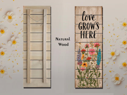 Rustic Wood Wall Art – Love Grows Here Sign With Wildflower Farmhouse Decor