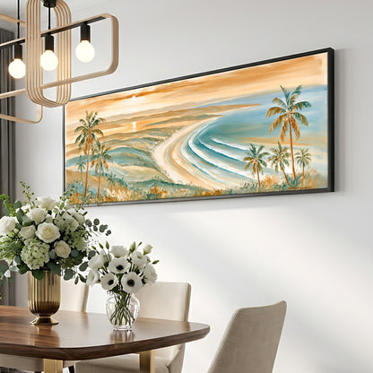 a large painting of a beach scene with palm trees and a sunset, hanging on a wall above a dining table with a vase of flowers.