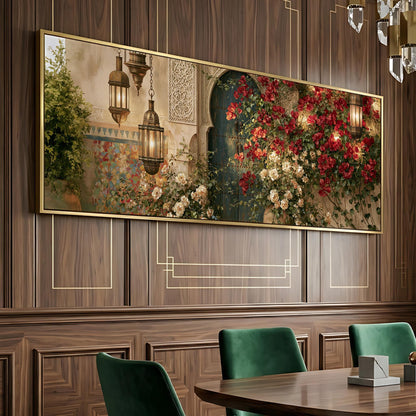 a large, ornate painting of a floral scene hanging on a wooden wall, with a dining table and chairs in the foreground.
