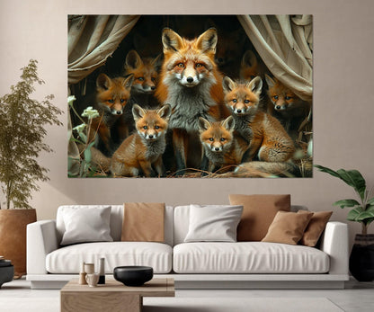 Fox Wall Art – Mother Fox Canvas Print with Cubs | Framed & Ready to Hang