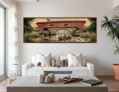 Narrows Bridge Canvas Print, Panoramic Covered Bridge Painting, Large River Wall Art, Framed and Ready to Hang