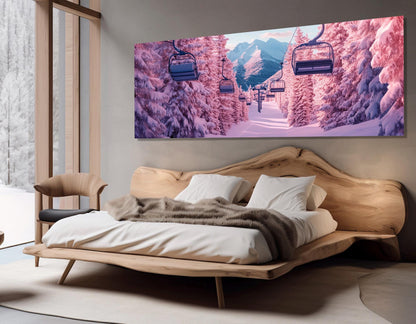 Pink Winter Forest Canvas - Surreal Ski Lift Wall Art | Ready to Hang Framed Print