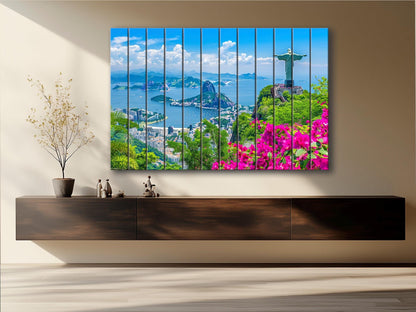Rio De Janeiro Painting Printed on Natural Wood, Sugarloaf Mountain, Rio De Janeiro Wall Art, Christ the Redeemer Print on Wood