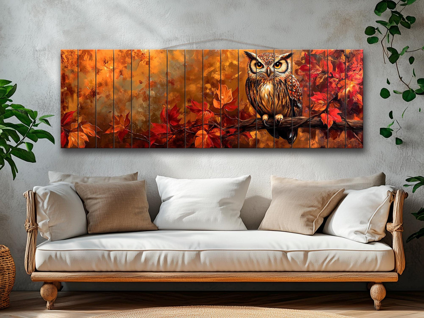Rustic Wood Wall Art – Autumn Owl Painting on Linden Planks with Vibrant Fall Leaves